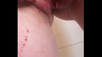 Girl gets cut in the pussy and shows it off in the shower  