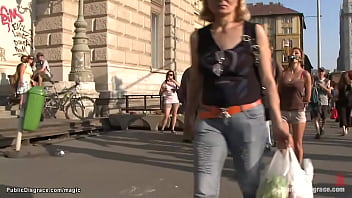 Big boobs blonde Romanian babe Alice Romain is used as holder in public street then naked bound rough fucked by big dick Steve Holmes