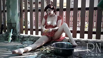 Vintage maid have no panties. Masturbation outdoors. Potato