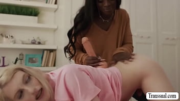 Gorgeous Ebony caught her shemale roommate jerking off and she then toys her ass.After that,she calls their guy roommate and lets him bang her ass.