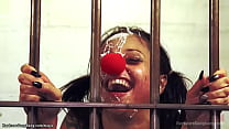 Petite ebony agent Holly Hendrix face fucked by group of big cock clowns then double penetration and anal gangbanged in the prison